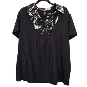 😀🆕️ Style Co Woman Black Blouse with‎ Printed Collar and Ruffle Detail Size 2X